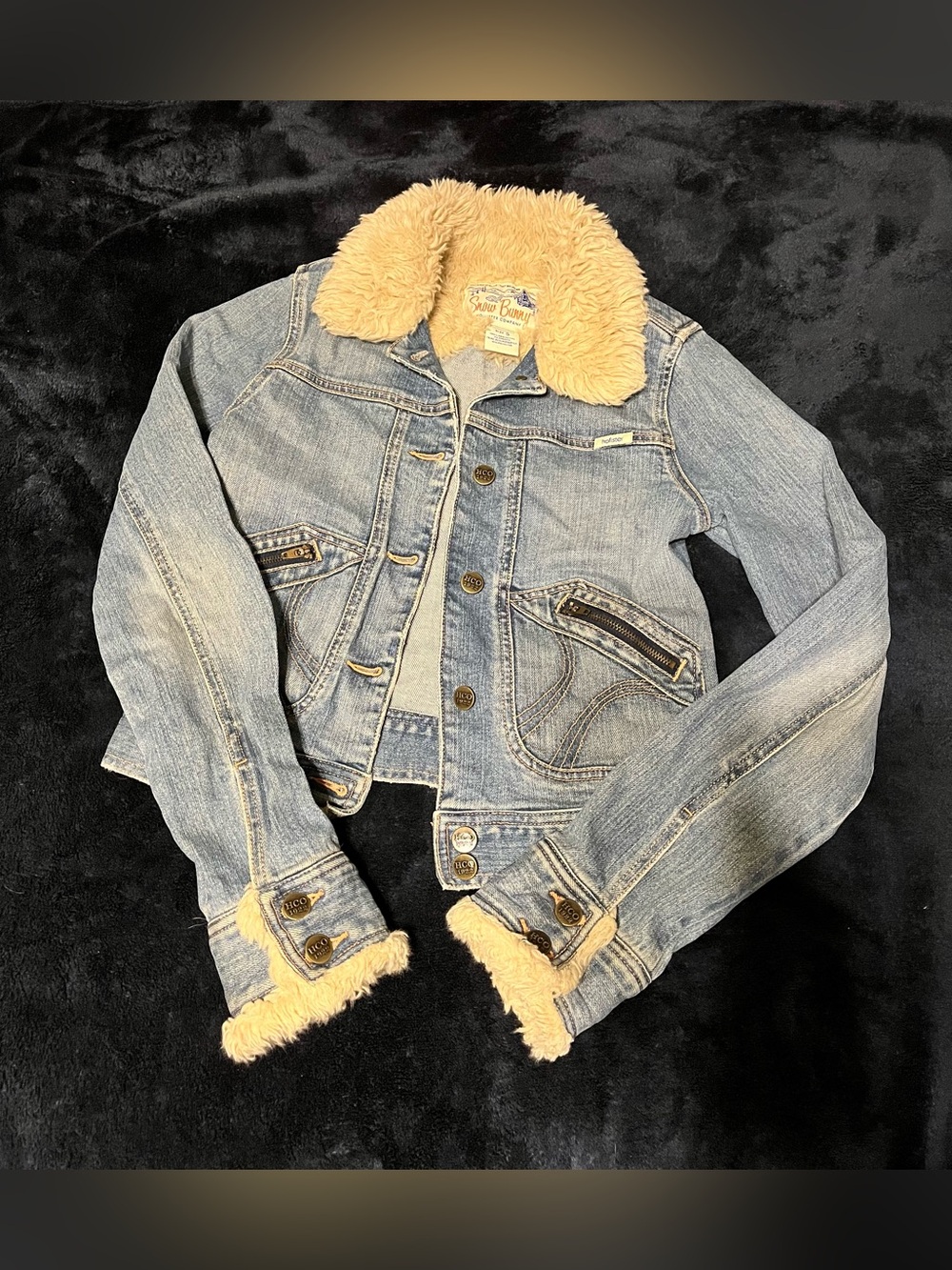 Y2K Hollister Snow Bunny Denim Jacket medium blue denim faux-fur size S Women’s